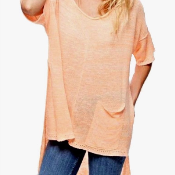 Free People Linen Blend Highlighter Orange High Low Step Hem Knit Top Sz S - Picture 2 of 14